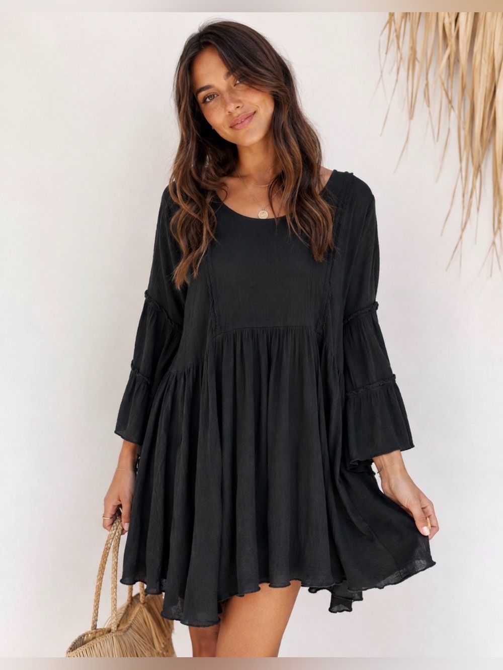 Paisley Vine Boho Tiered Flowy Midi Dress | Black | Size Large